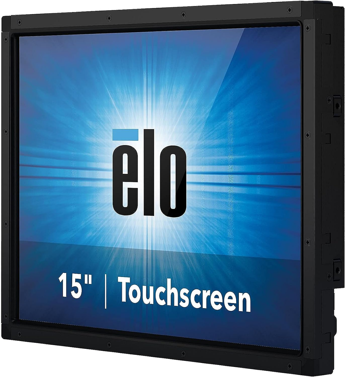 Schwarzer Elo 15" Touchscreen-Monitor. Blauer Hintergrund mit Logo und Text. Metallrahmen.