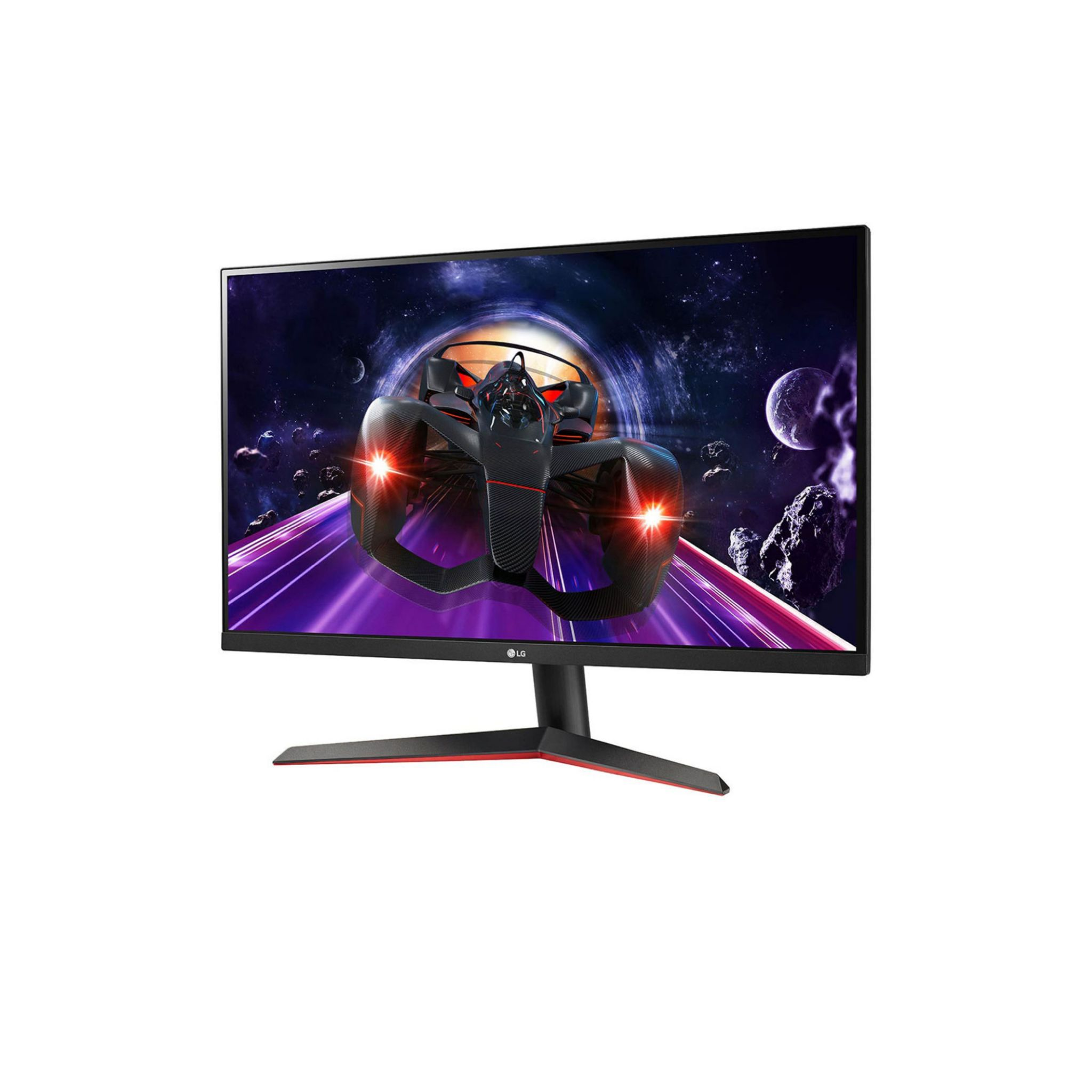 Monitor gaming con scena spaziale. Cornice nera, supporto rosso, vista angolata.