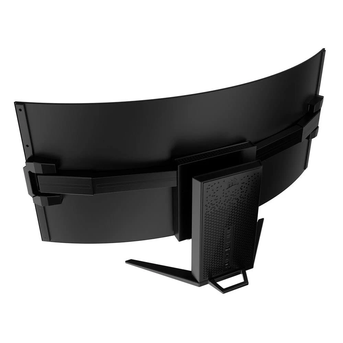 Zakrzywiony czarny tył monitora ze stojakiem i portami. Jasne tło.