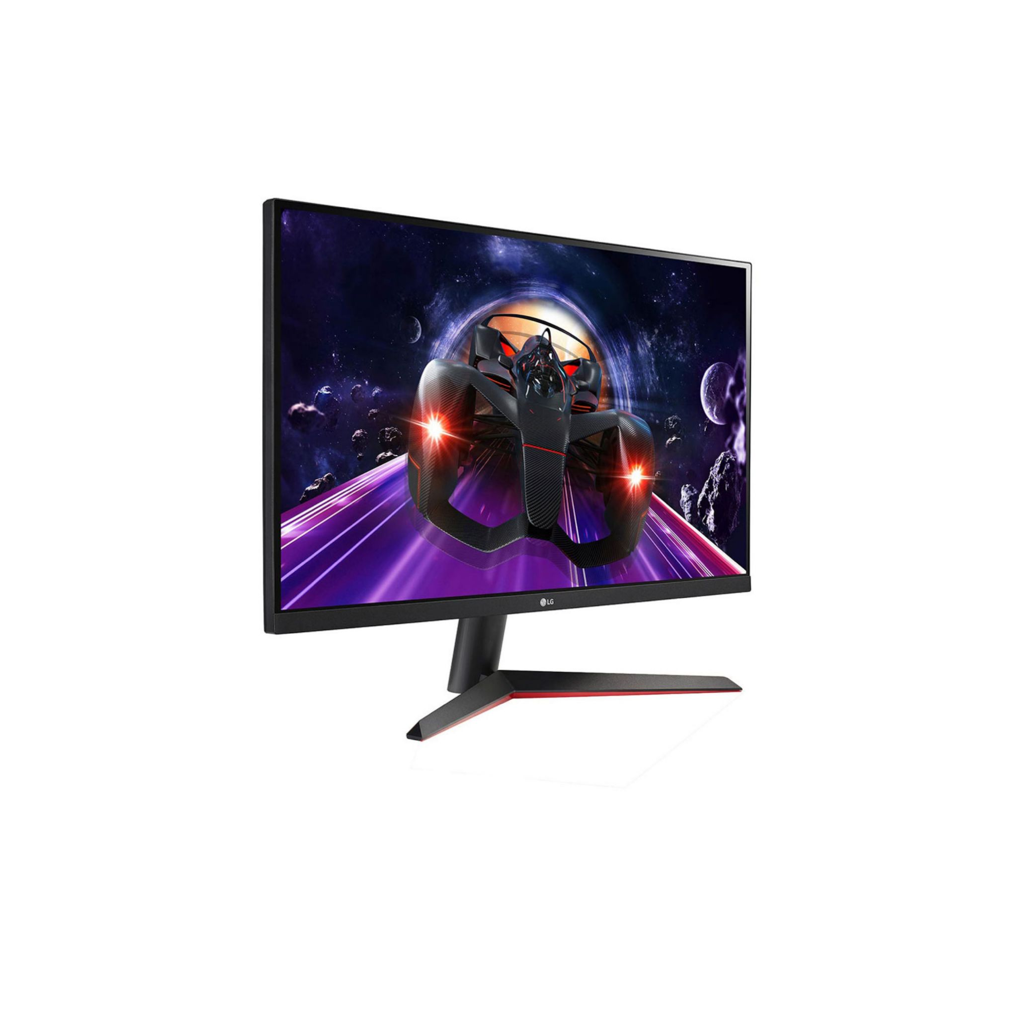 Monitor curvo nero con una scena di gioco visualizzata. Ha un accento rosso in basso.