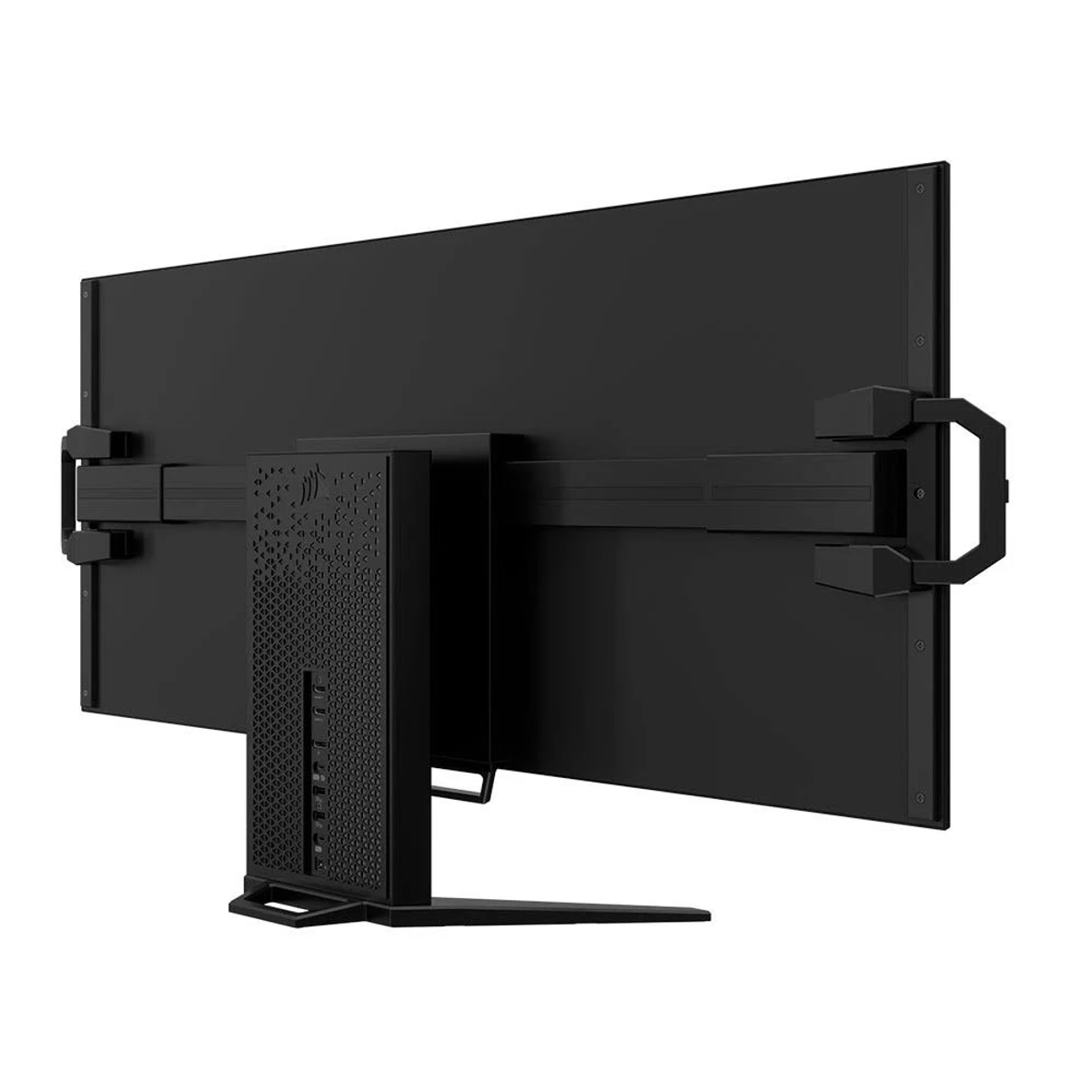 Tył czarnego monitora ze stojakiem i wspornikiem montażowym, pokazujący porty i połączenia, białe tło.