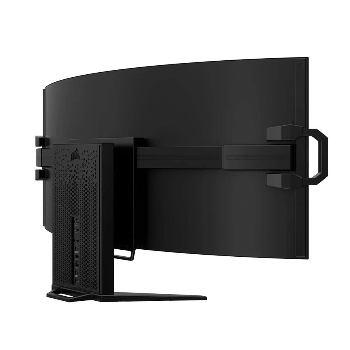 Tył zakrzywionego czarnego monitora ze stojakiem i wentylowaną sekcją tylną.