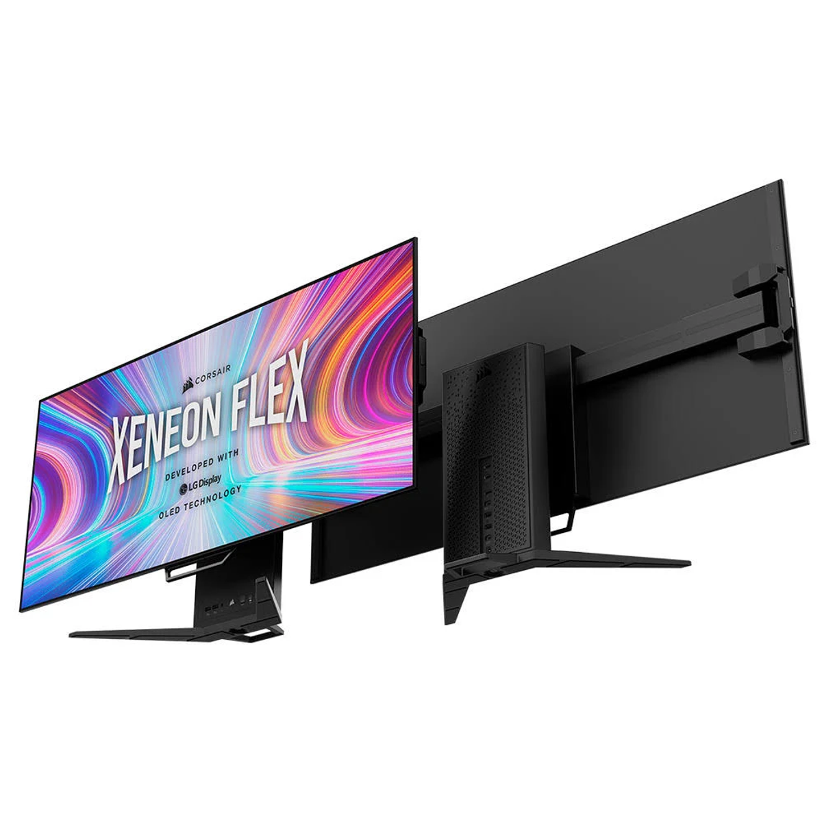 Czarny i zakrzywiony monitor z żywym ekranem wyświetlającym tekst. Monitor stoi na czarnym stojaku.