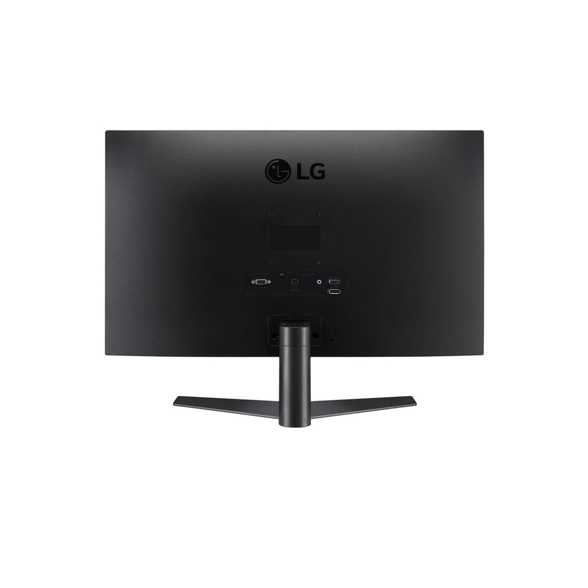 Monitor per computer nero con logo LG. Vista posteriore con porte e supporto.