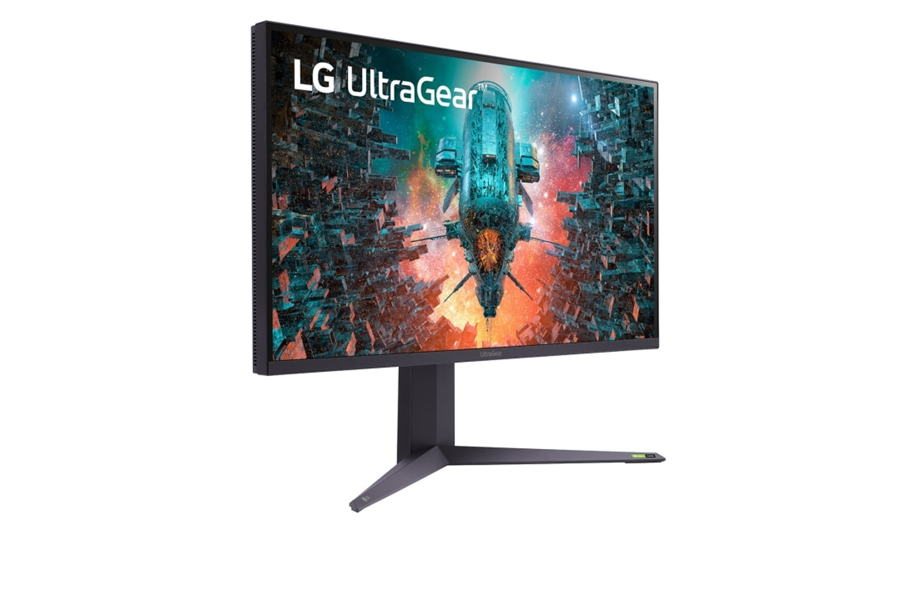 Monitor LG UltraGear, czarna ramka, pokazujący scenę z gry z statkiem kosmicznym. Ciemne tło.