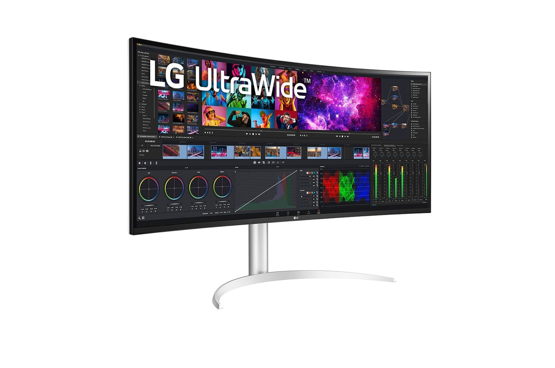 Zakrzywiony monitor LG UltraWide wyświetlający interfejs oprogramowania do edycji wideo.