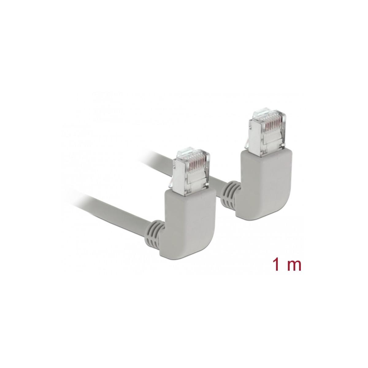 Zwei graue Ethernet-Kabel mit abgewinkelten Steckern. Die Kabel befinden sich auf weißem Hintergrund, mit einer Messung von 1 m.
