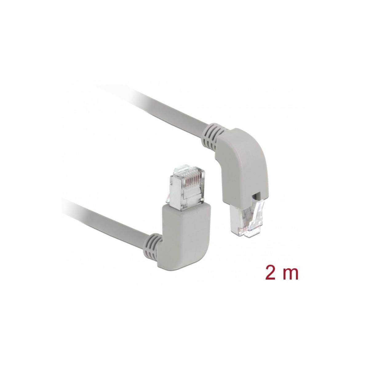Abgewinkeltes graues Ethernet-Kabel mit Steckern, auf weißem Hintergrund, mit 2 m Markierung.