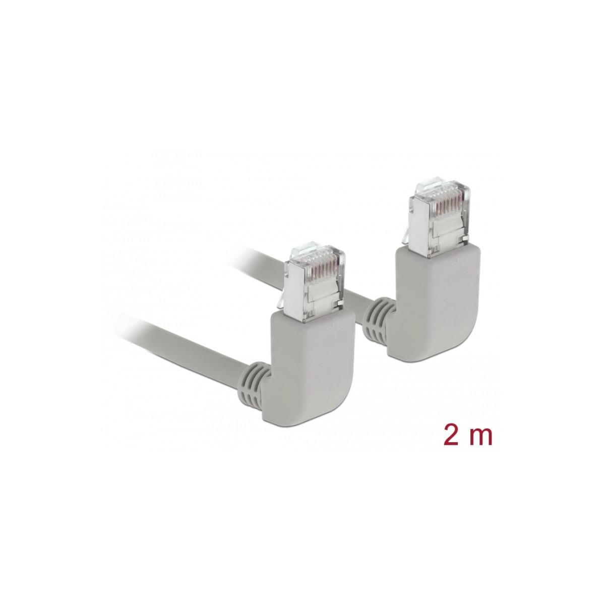 Zwei graue Ethernet-Kabel mit Steckern, schräg, auf weißem Hintergrund. Das Etikett lautet 2 m.