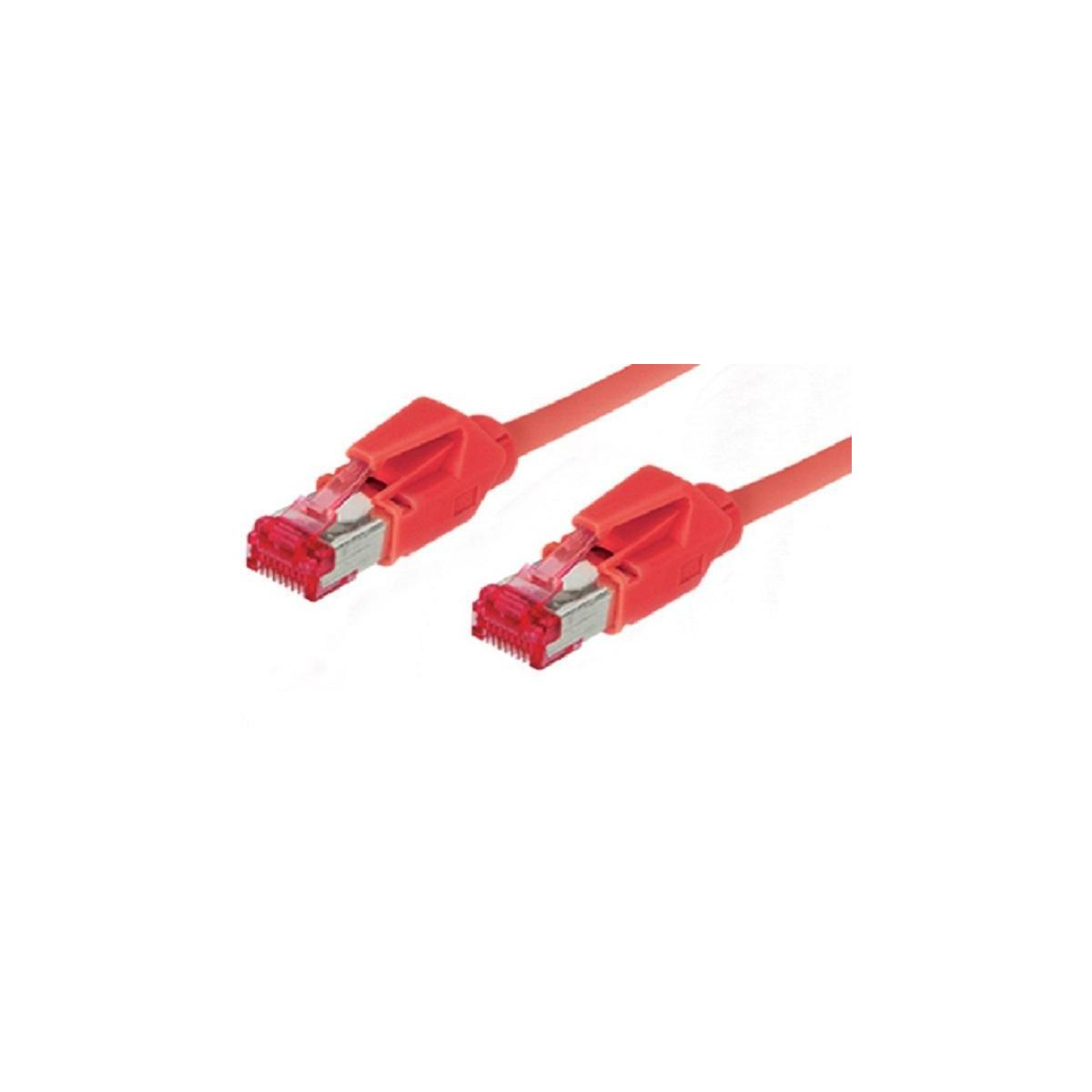 Zwei rote Ethernet-Kabel mit Steckern, auf weißem Hintergrund.