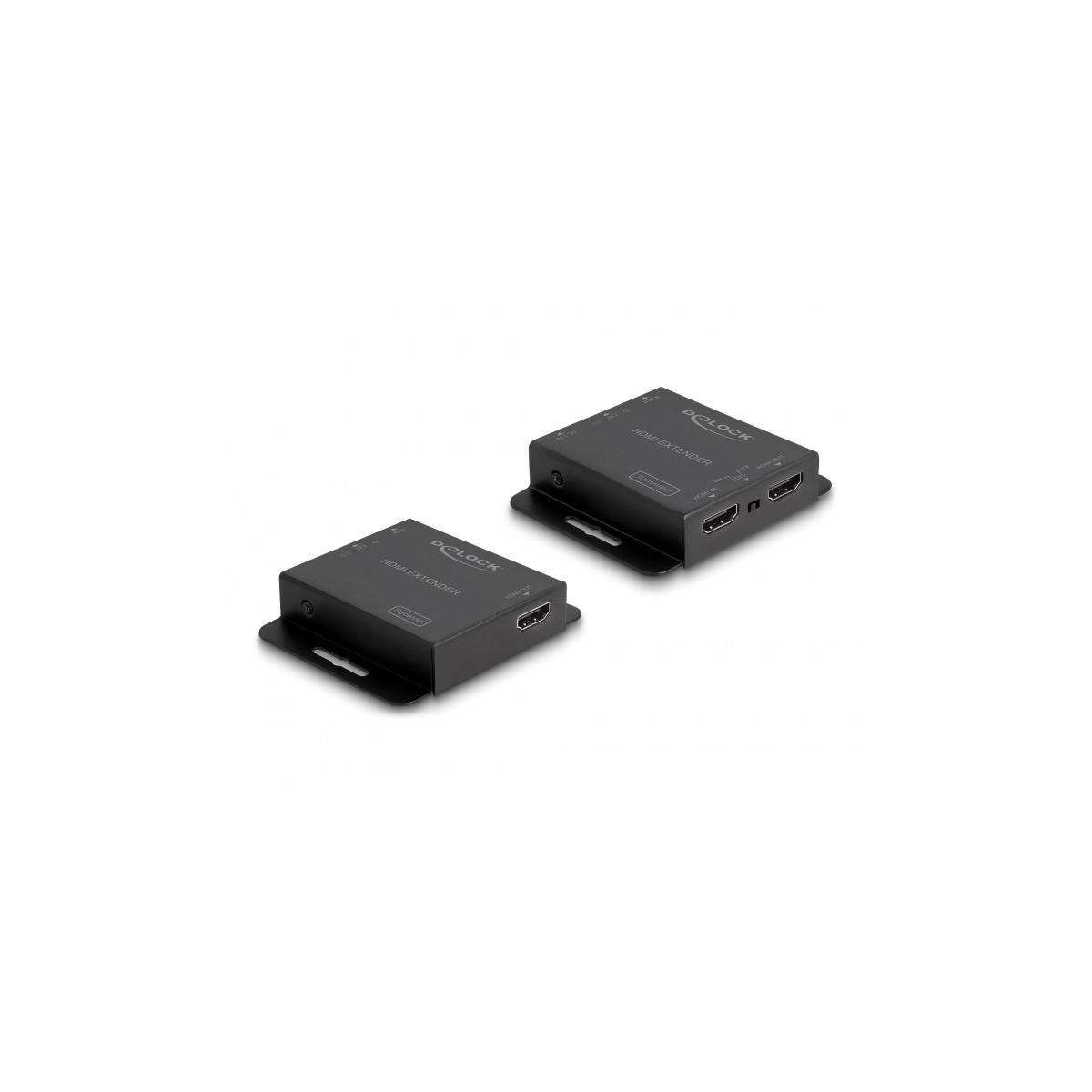 Zwei schwarze B-LOCK HDMI-Extender nebeneinander auf weißem Hintergrund, die verschiedene Anschlüsse zeigen.
