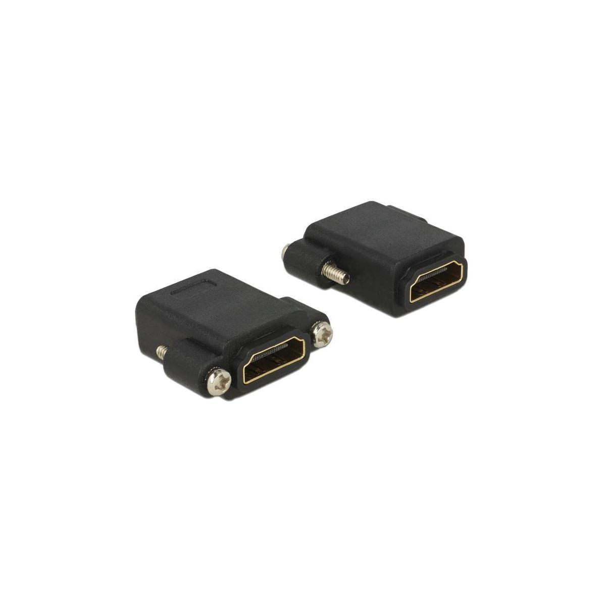 Dos adaptadores HDMI negros. Tienen puertos en ambos lados y tornillos.