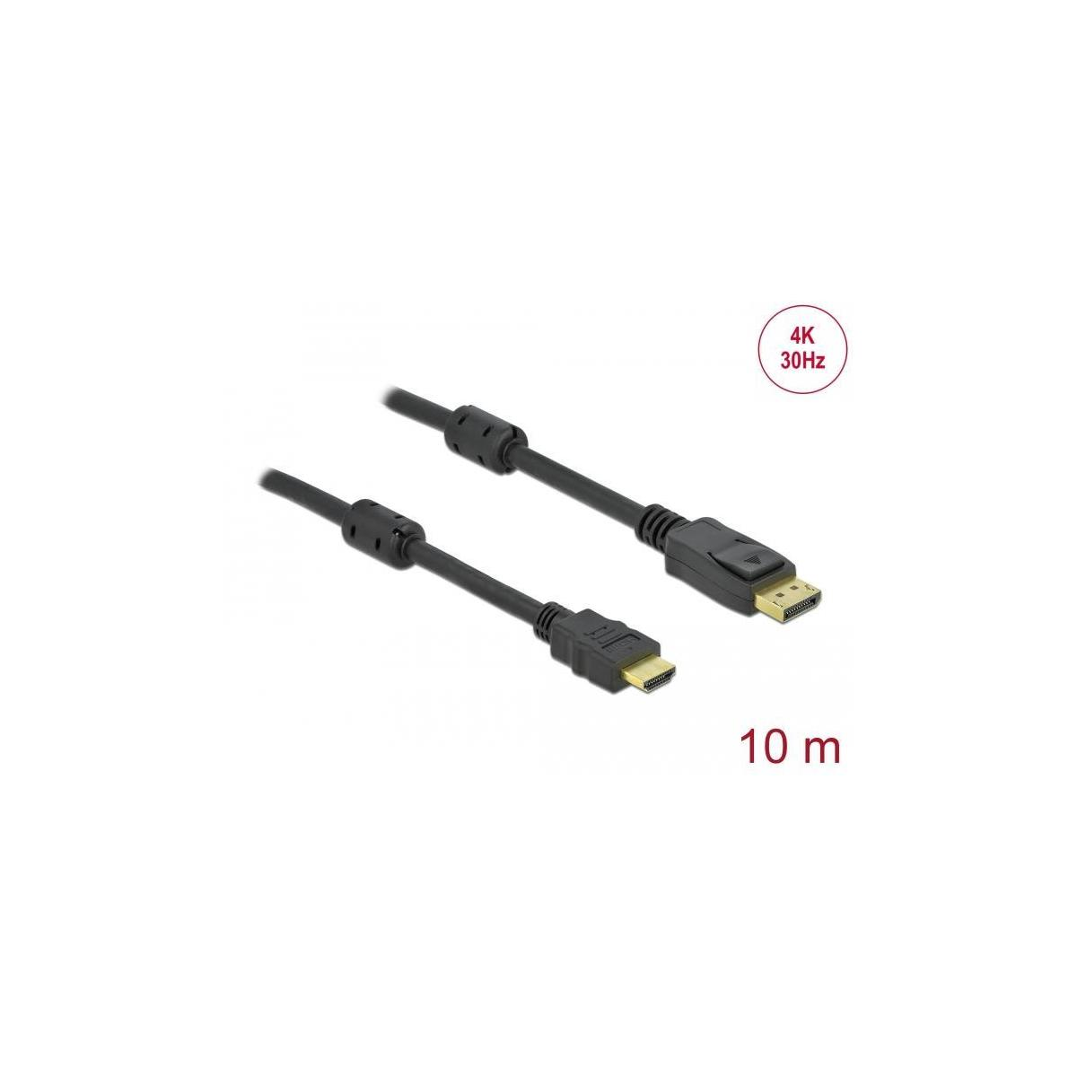 Zwei schwarze DisplayPort-zu-HDMI-Kabel mit Etiketten. Hintergrund weiß. 4K 30Hz, 10m.