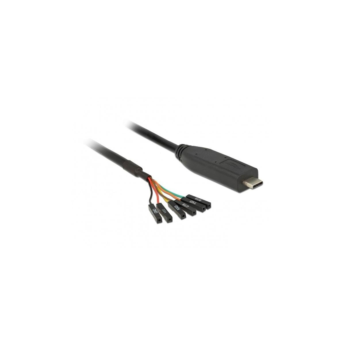 Un cavo nero USB-C a multi-filo con connettori su sfondo bianco.