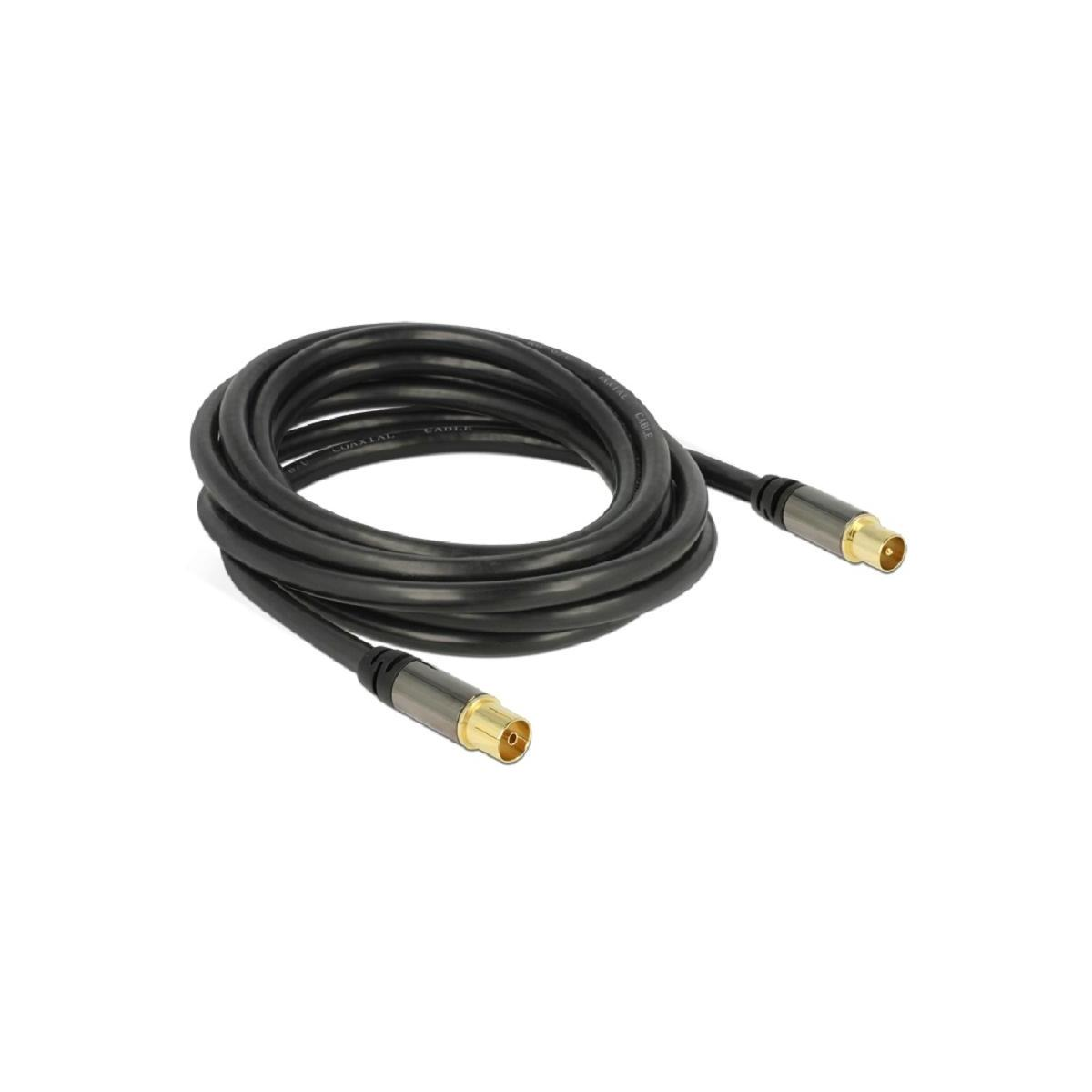 Ein schwarzes Koaxialkabel mit goldfarbenen Steckern, auf weißem Untergrund gerollt.