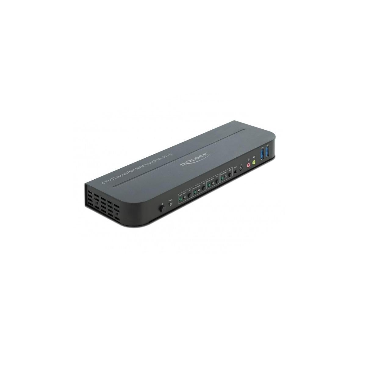 Schwarzer 4-Port DisplayPort KVM-Switch mit verschiedenen Anschlüssen und Tasten.