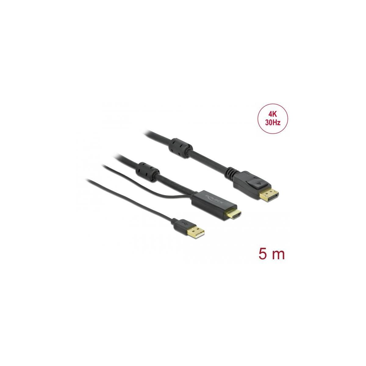Schwarzes Kabel mit HDMI- und USB-Anschlüssen. Text: 4K, 30 Hz und 5 m.