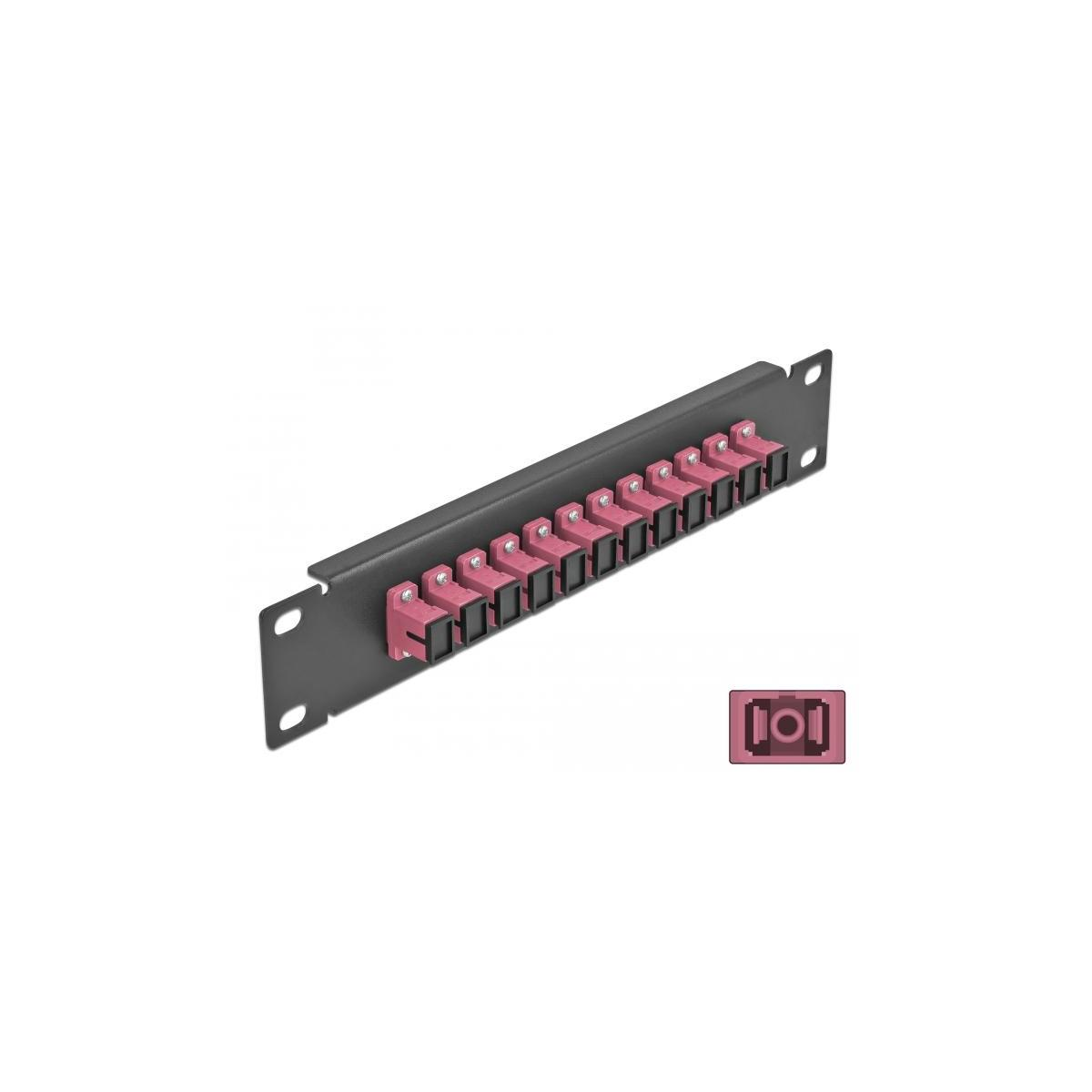 Ein schwarzes Rack-Mount-Panel mit rosa Steckern. Es ist auf weißem Hintergrund.