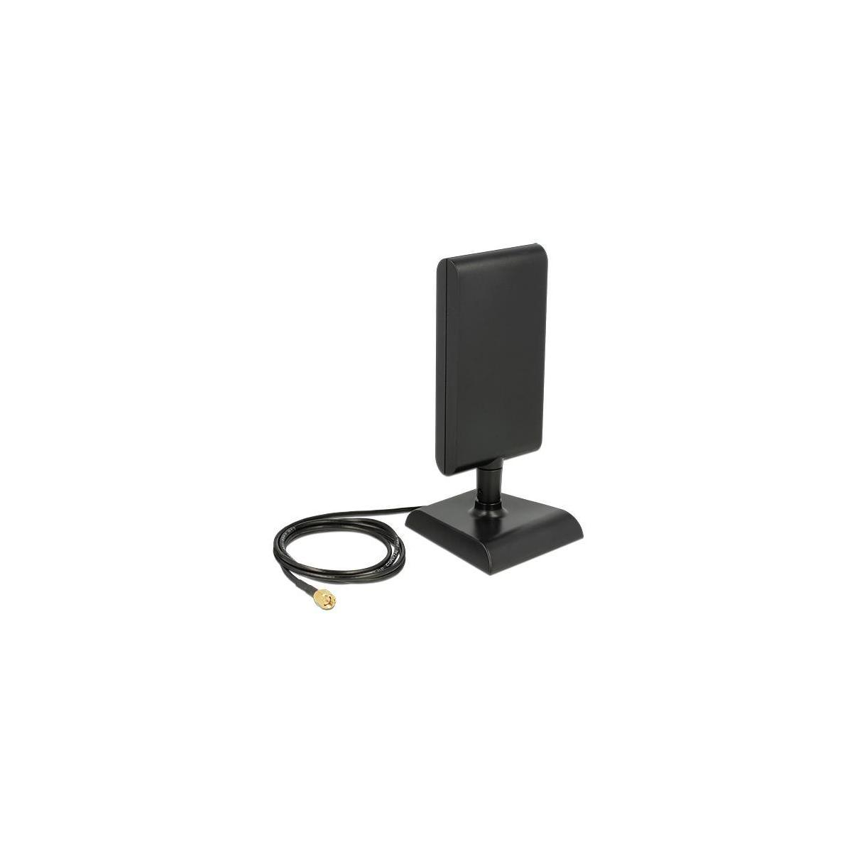 Eine schwarze Antenne auf einem schwarzen Ständer mit einem schwarzen Kabel. Die Antenne ist rechteckig mit abgerundeter Oberseite.