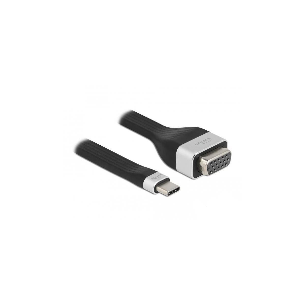 Schwarzes USB-C-auf-VGA-Kabel. Ein Ende ist USB-C, das andere ein VGA-Anschluss.