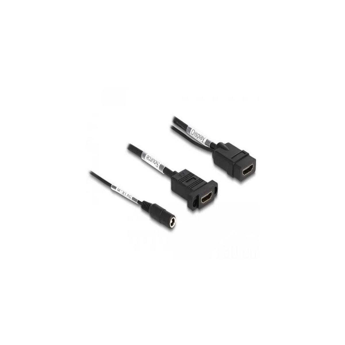 Cavi con connettori, neri ed etichettati, su superficie bianca. Connettore da 3,5mm.