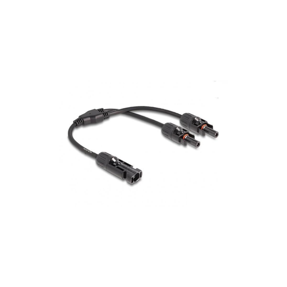 Cavo connettore per pannello solare a forma di Y. Cavo nero con connettori su ciascuna estremità. I connettori sono neri.