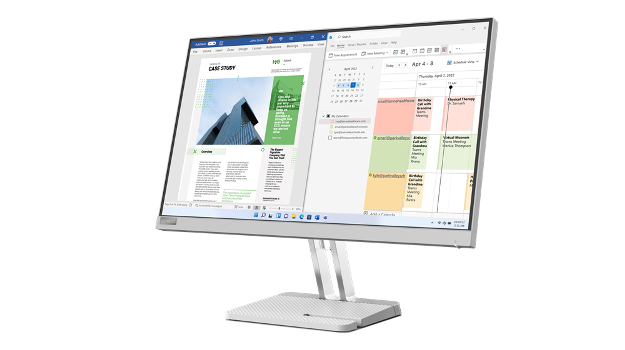 Un monitor de computadora que muestra un estudio de caso y un calendario sobre un fondo blanco.