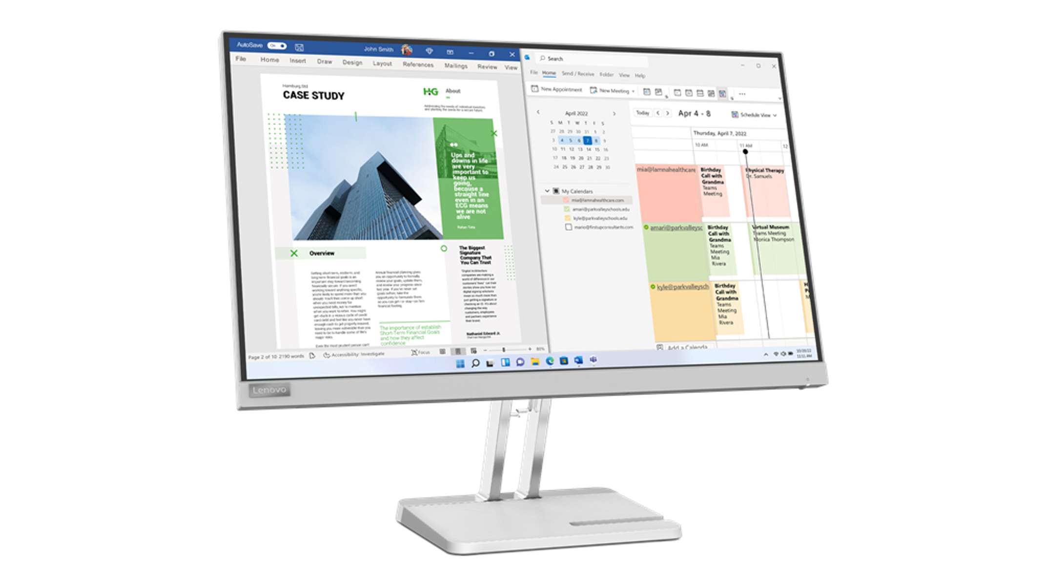 Monitor Lenovo que muestra un estudio de caso y un calendario, con soporte y base blancos, aislado.