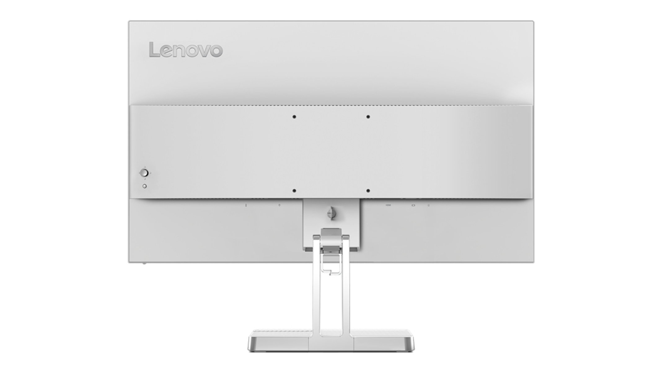 La parte posterior de un monitor Lenovo blanco. Tiene un soporte y múltiples puertos.