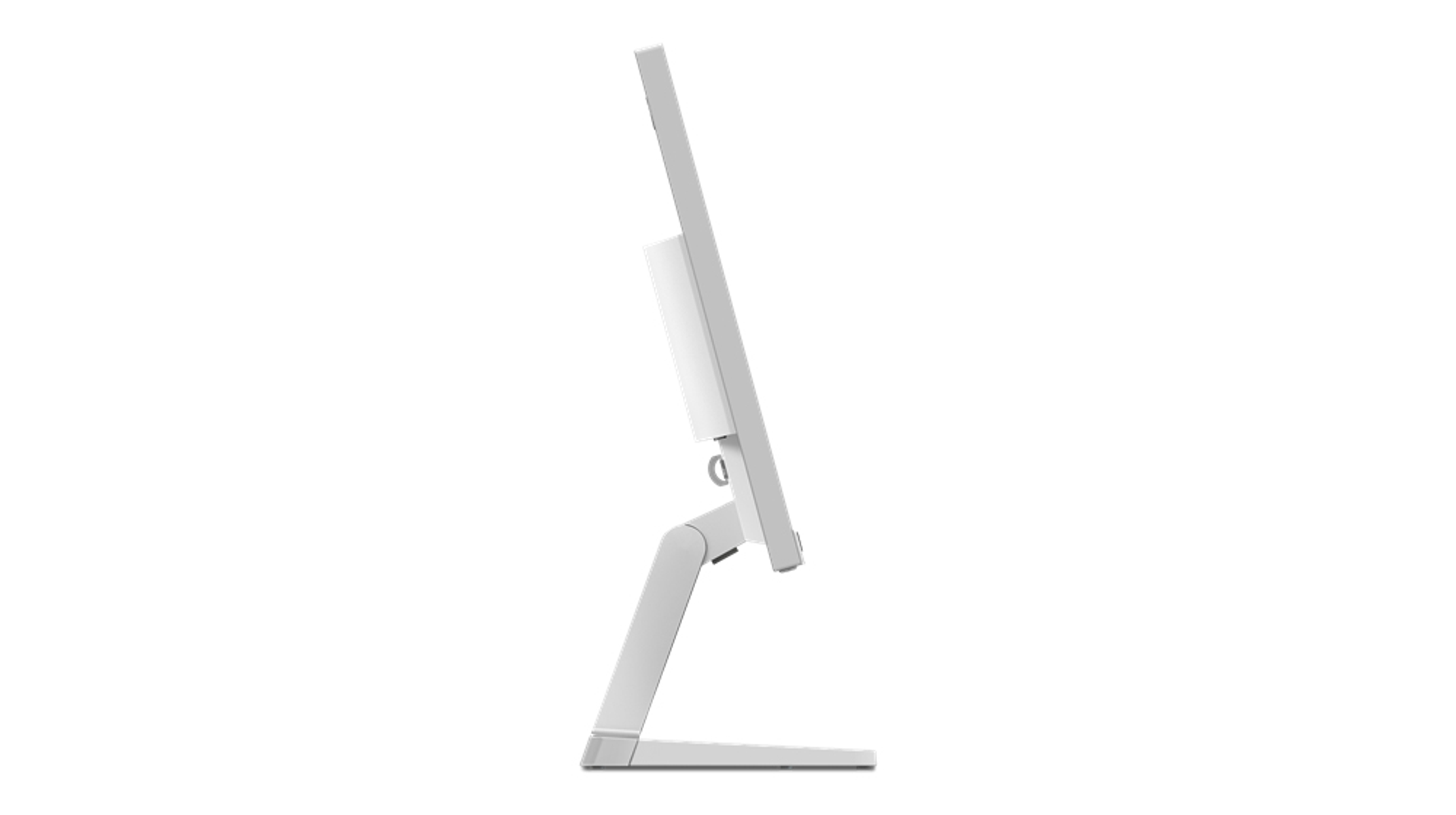 Monitor de computadora blanco desde un lado. Tiene un bisel delgado y un soporte blanco. Diseño moderno.