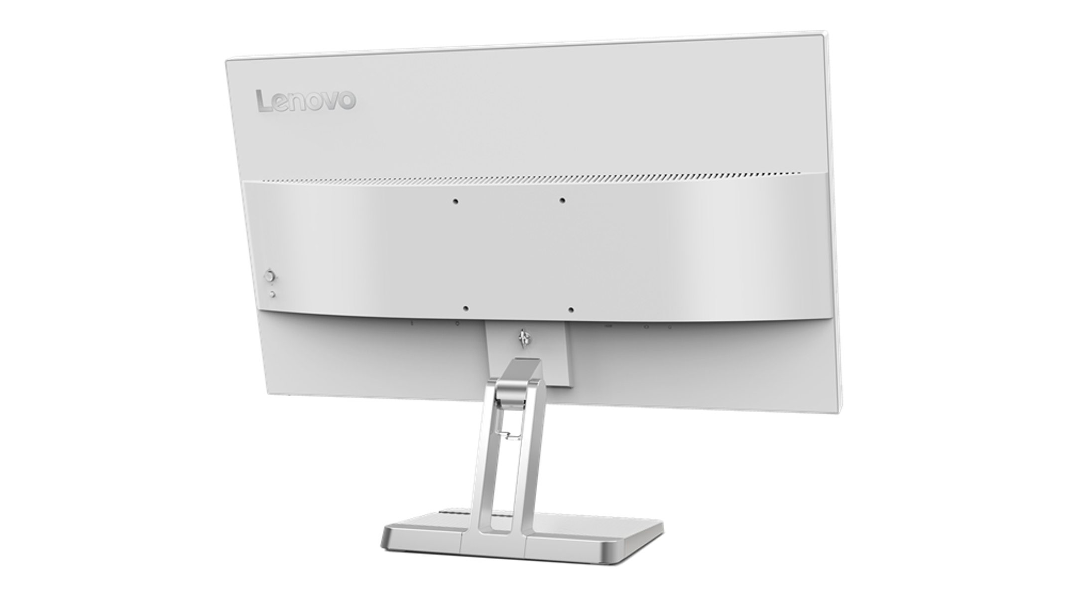 La parte trasera de un monitor Lenovo blanco con el logotipo de Lenovo y el soporte sobre un fondo blanco.