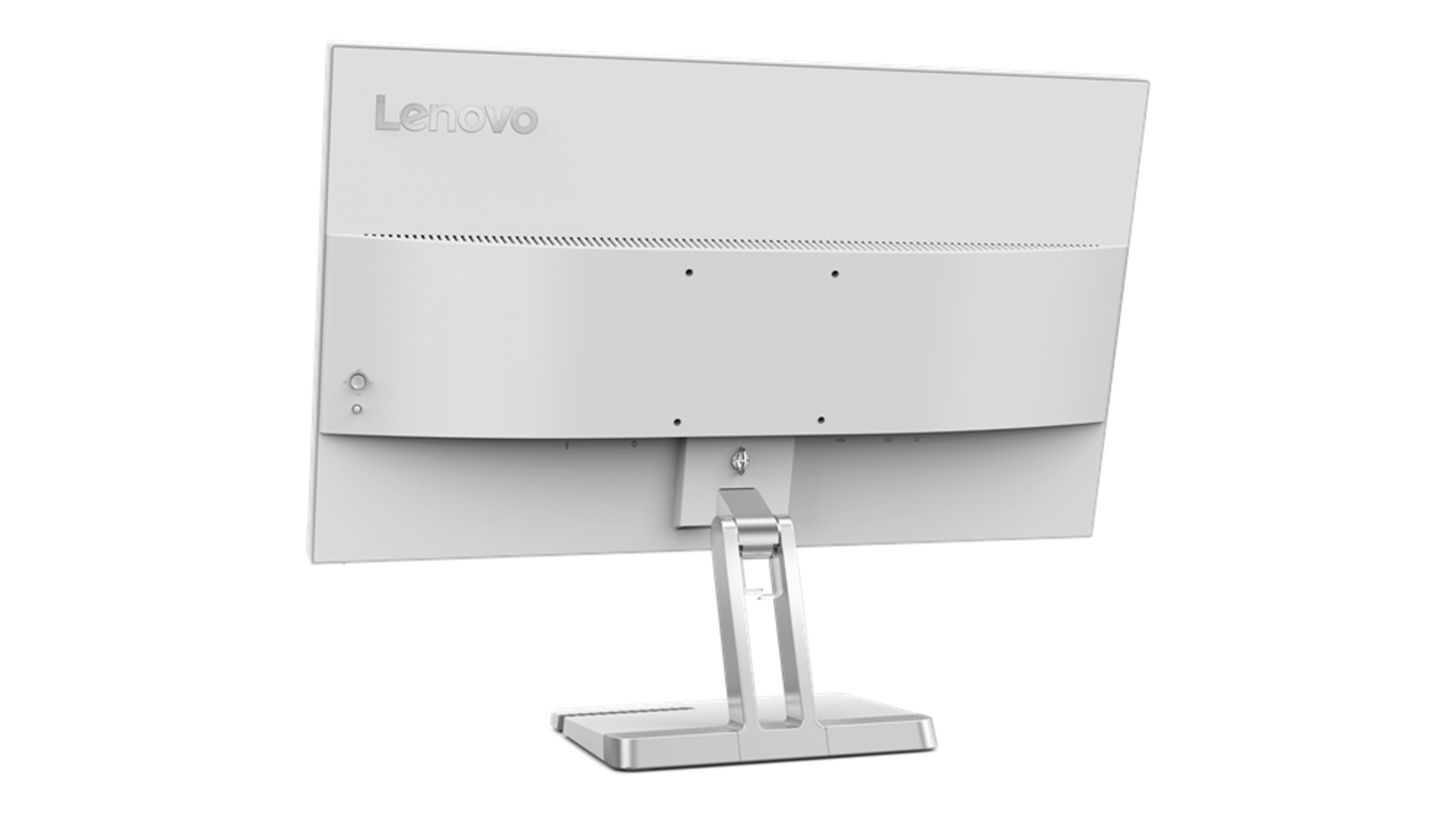 Vista trasera de un monitor Lenovo blanco con soporte plateado, aislado sobre blanco.