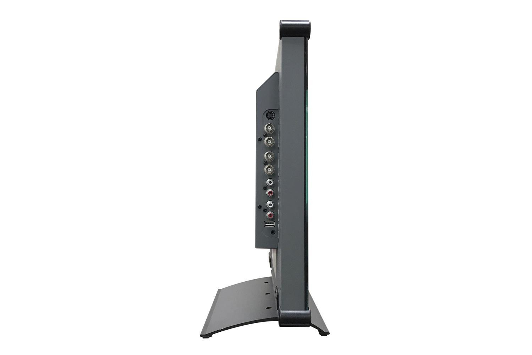 Ein Seitenprofil eines Monitors. Es ist grau mit mehreren Anschlüssen auf einer Seite.
