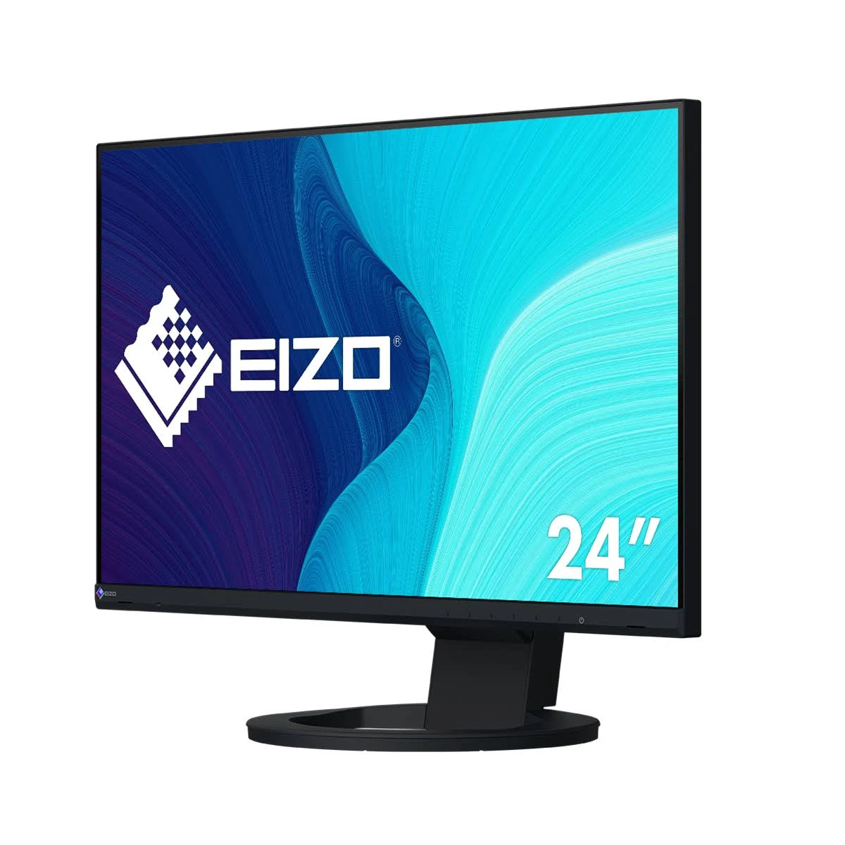 A black EIZO monitor with a vibrant blue and purple display, marked 24".
