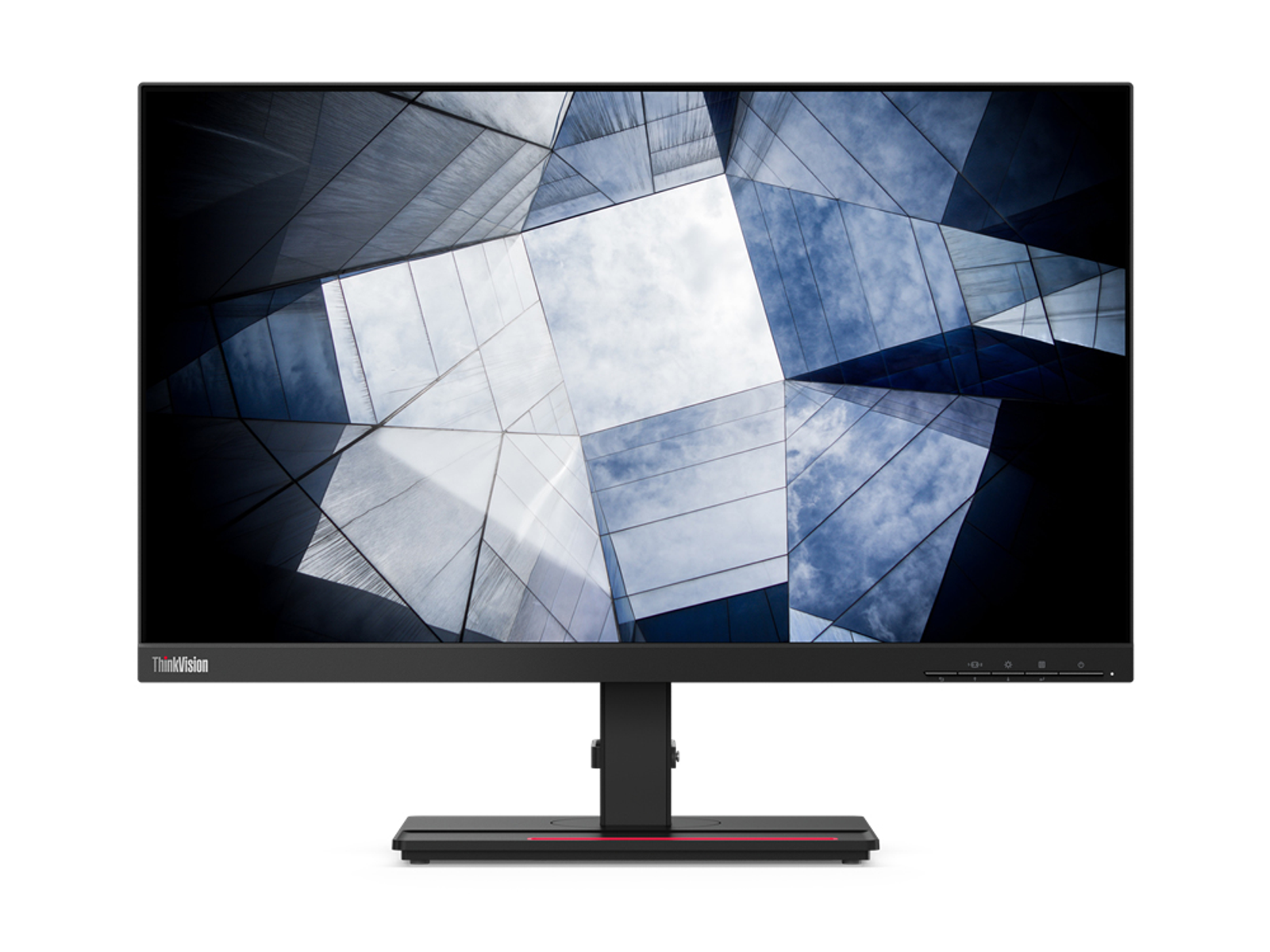 Lenovo ThinkVision Monitor mit abstraktem Designhintergrund und schwarzem Ständer.