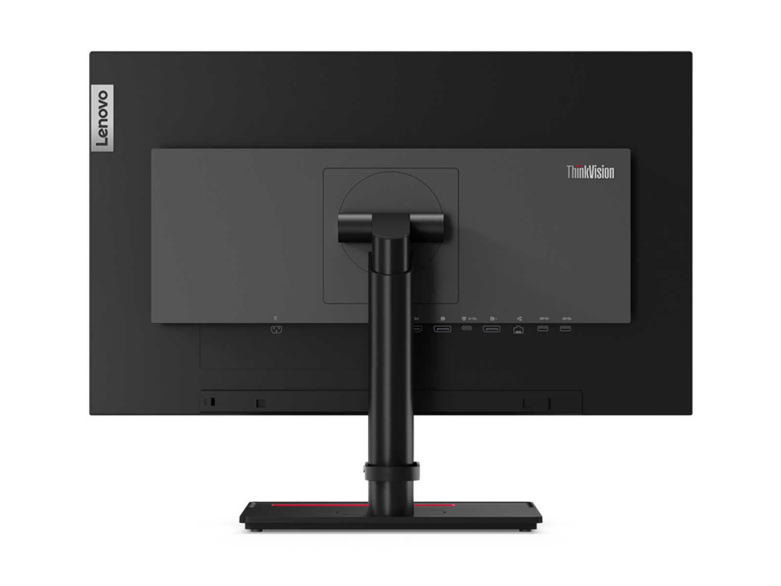 Rückansicht eines schwarzen Monitors. Der Ständer ist sichtbar, mit Anschlüssen und ThinkVision-Branding.