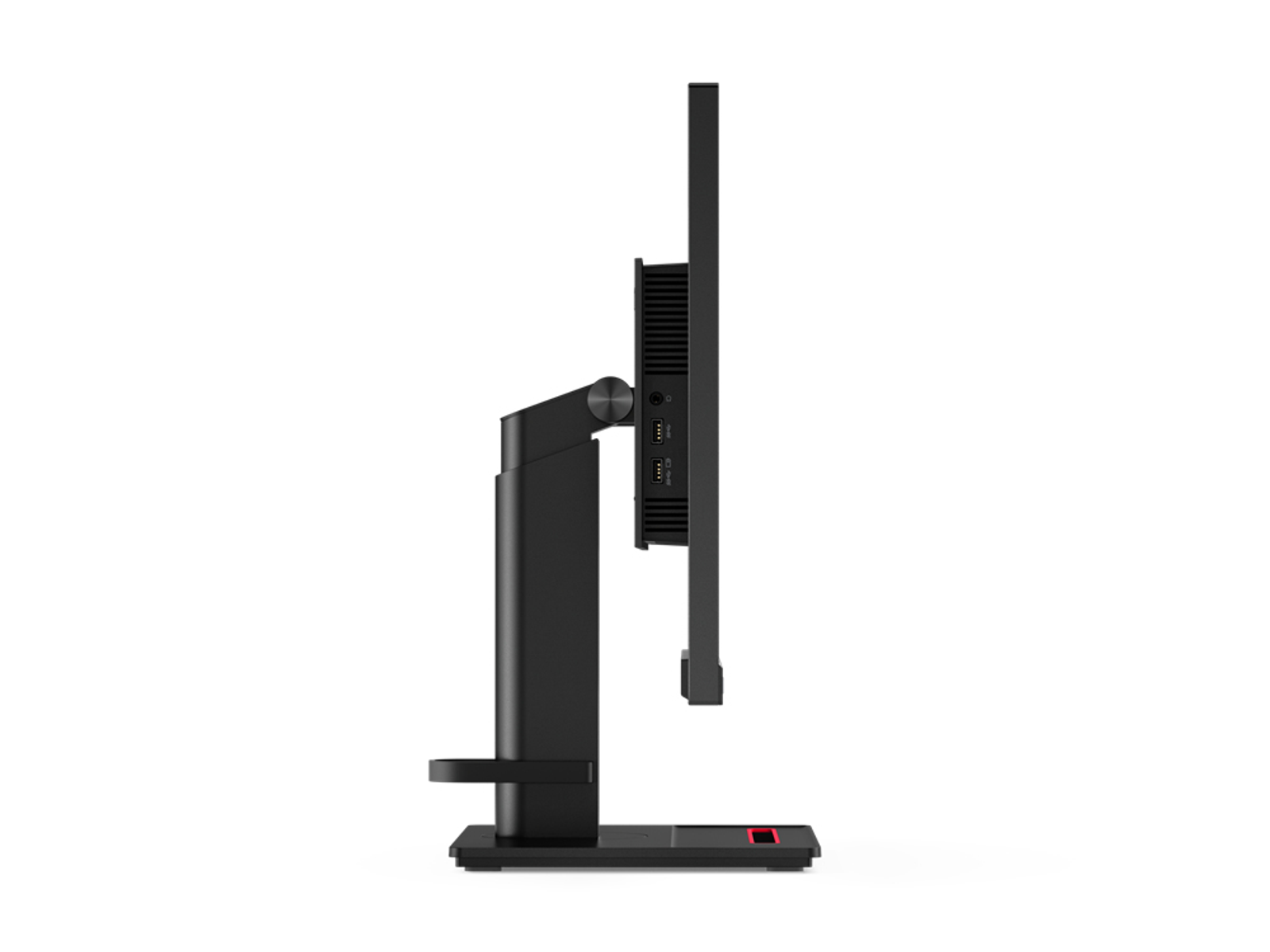 Seitenansicht eines schwarzen Monitors mit schwarzem Ständer, weißer Hintergrund.