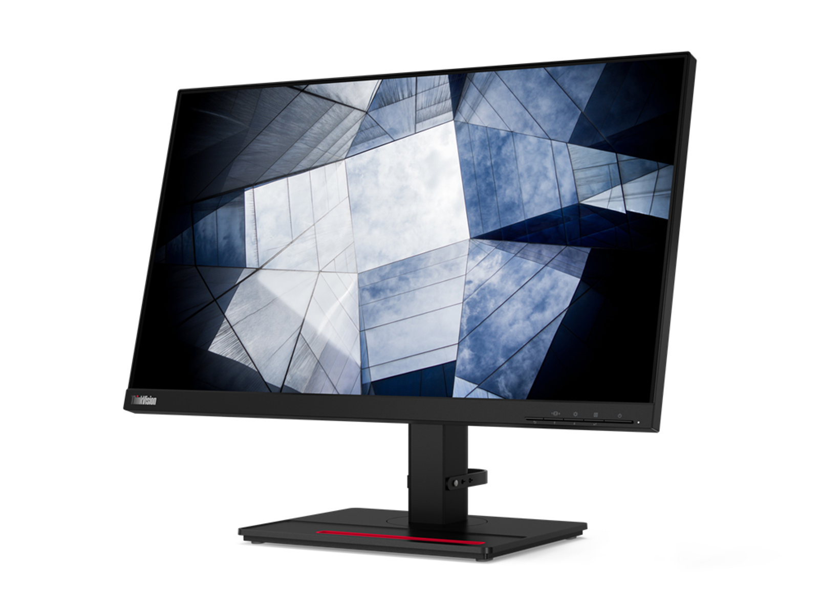 Schwarzer Computermonitor mit Ständer und roter Basis, vor weißem Hintergrund, schräge Ansicht.