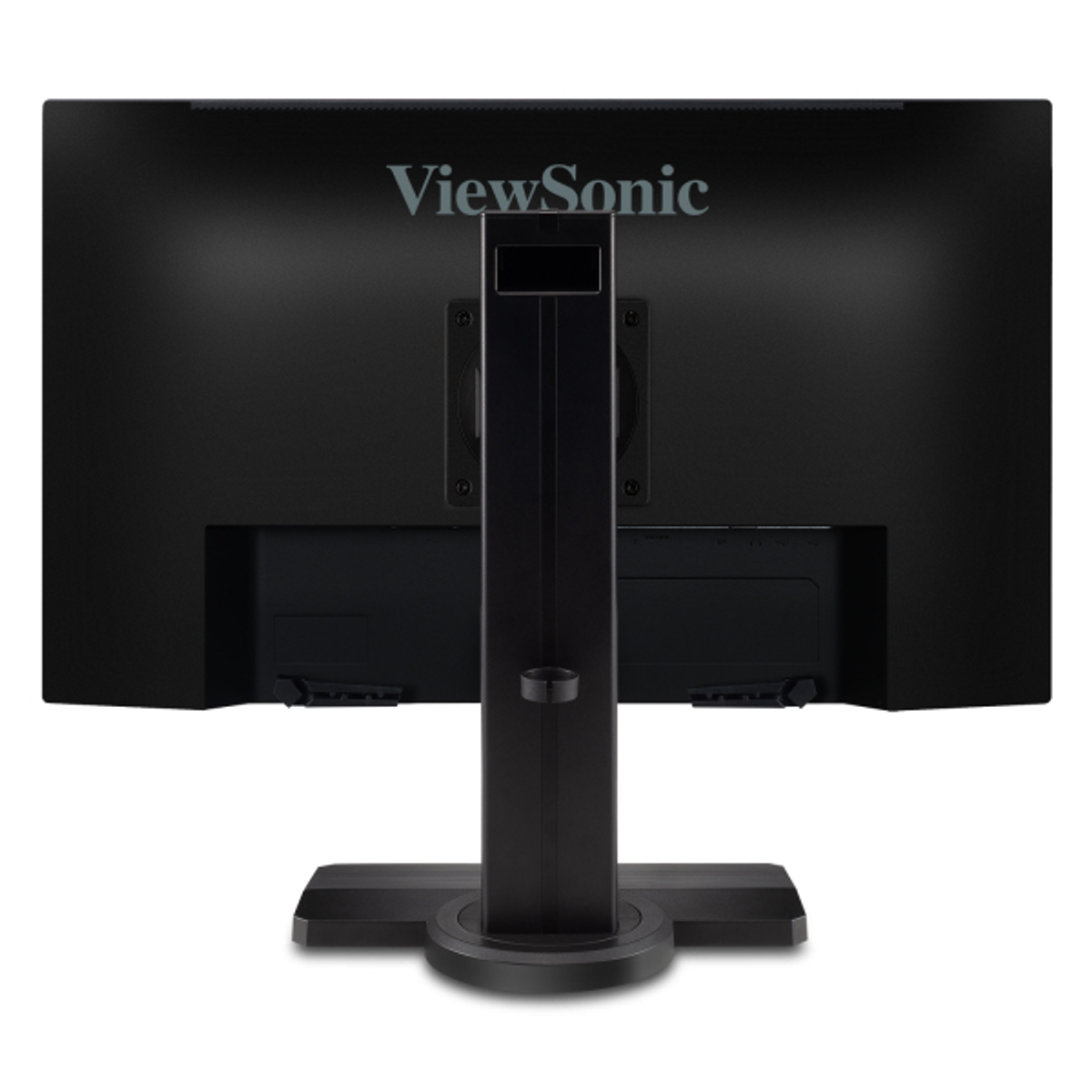 Widok z tyłu czarnego monitora ViewSonic z centralną podstawą.