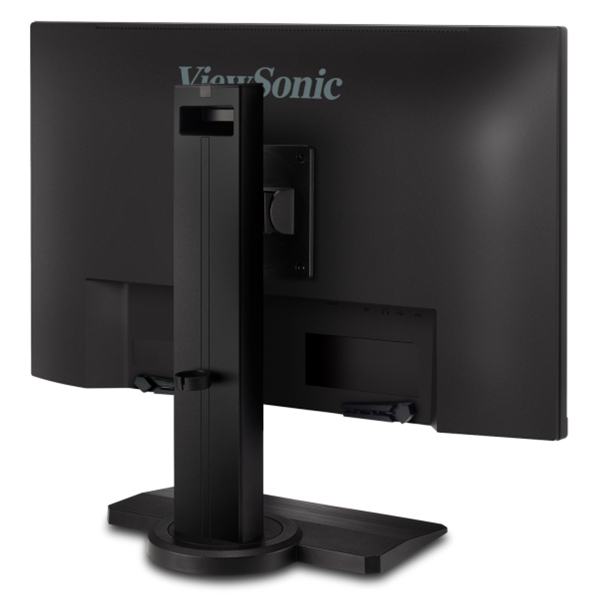 Widok z tyłu czarnego monitora ViewSonic. Widoczny stojak i porty.