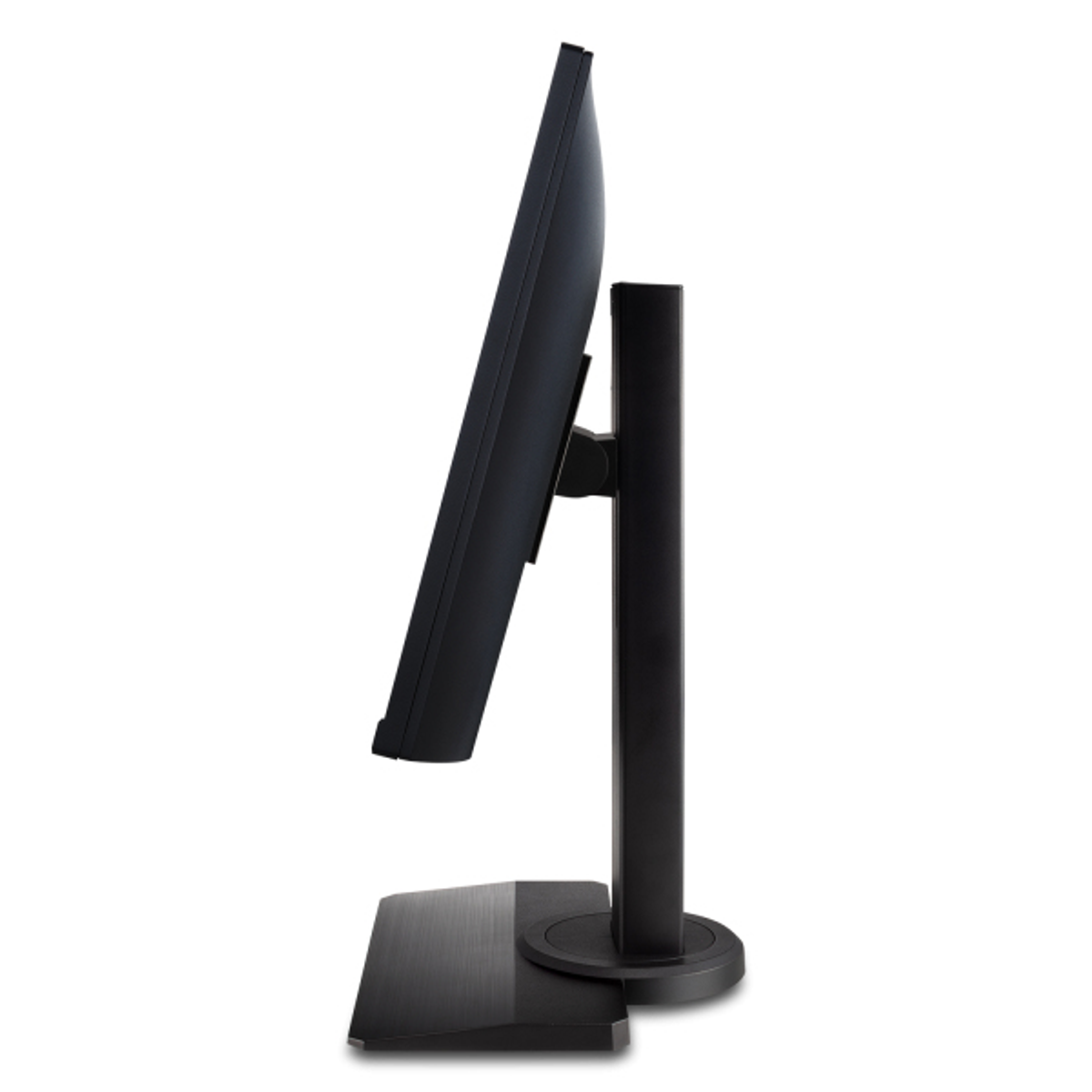 Widok z boku czarnego monitora z ciemną podstawą, białe tło.