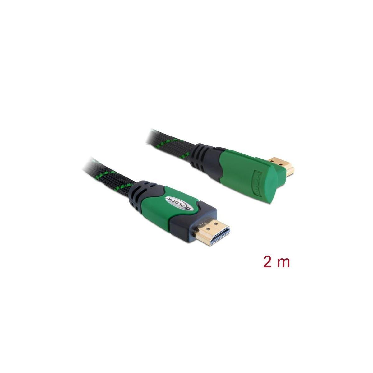 Grünes und schwarzes Delock HDMI-Kabel mit Anschlüssen vor weißem Hintergrund, zur Datenübertragung.