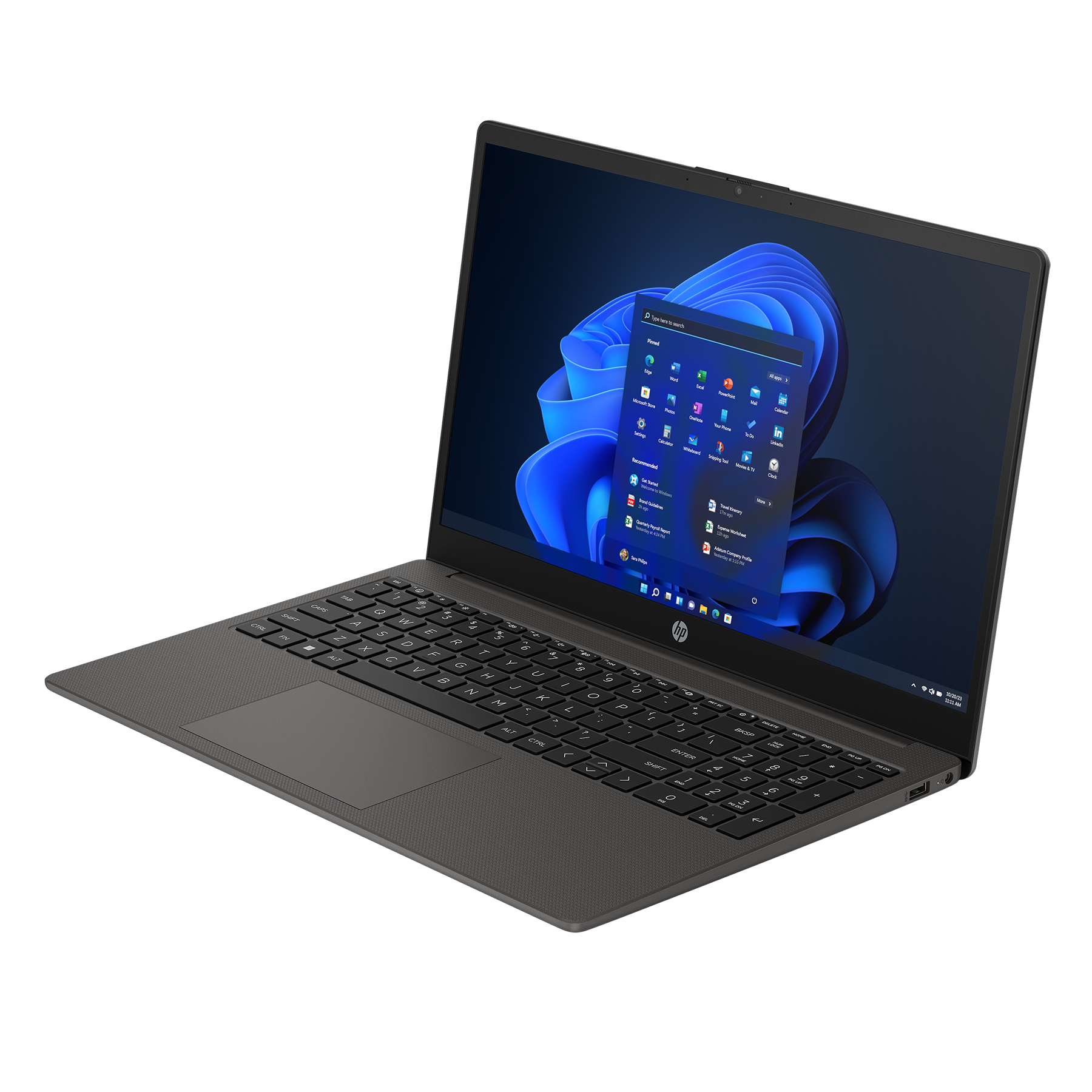 Dunkelgrauer Laptop mit schwarzer Tastatur und Bildschirm mit Benutzeroberfläche. Weißer Hintergrund.
