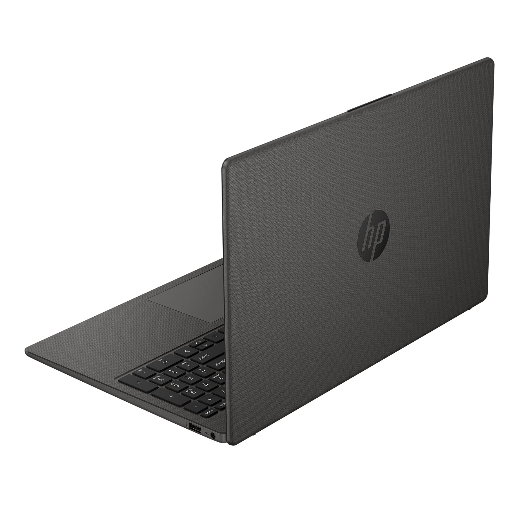 Schwarzer Laptop, Rückansicht, mit HP-Logo und Tastatur. Weißer Hintergrund.