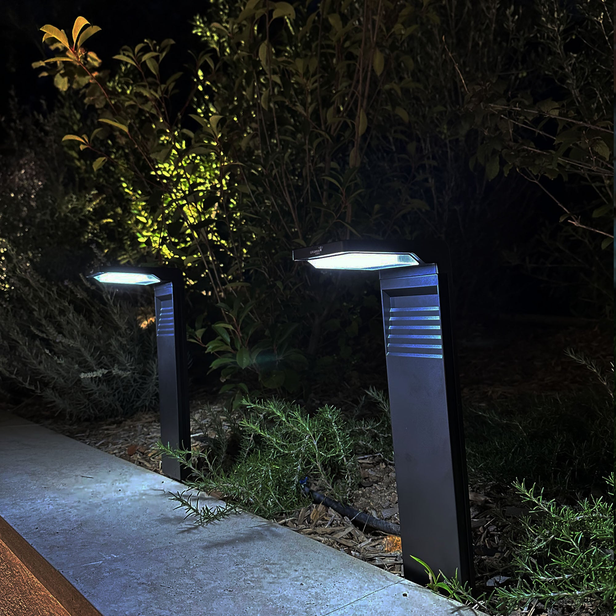 Zwei schwarze Außenlampen mit blauem Licht, in einem Garten bei Nacht.