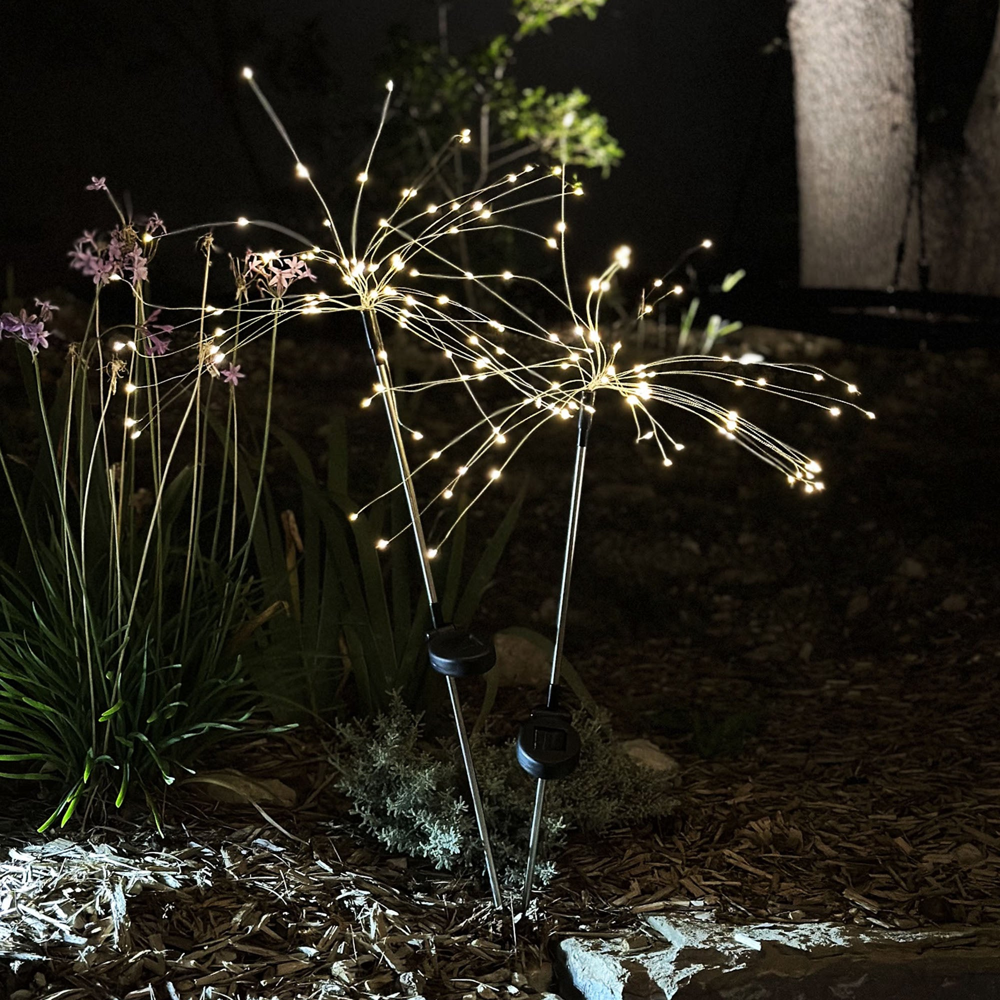 Zwei solarbetriebene Gartenleuchten mit hellweißem Licht, umgeben von Grün, bei Nacht.