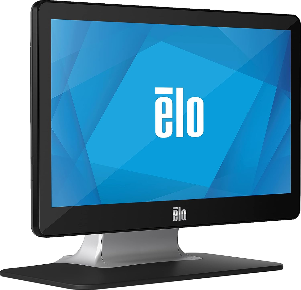 Ein schwarzer Computermonitor mit dem Elo-Logo auf dem Bildschirm. Silberner Ständer und schwarzer Sockel.