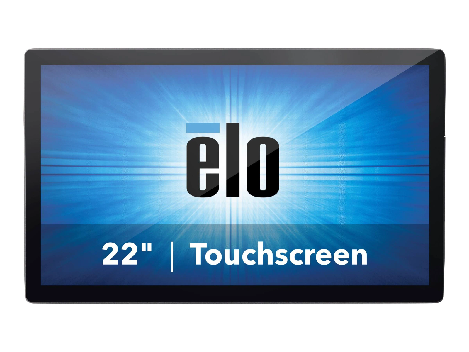 Monitor de pantalla táctil de 22 pulgadas con marco negro, mostrando la marca 'elo'.