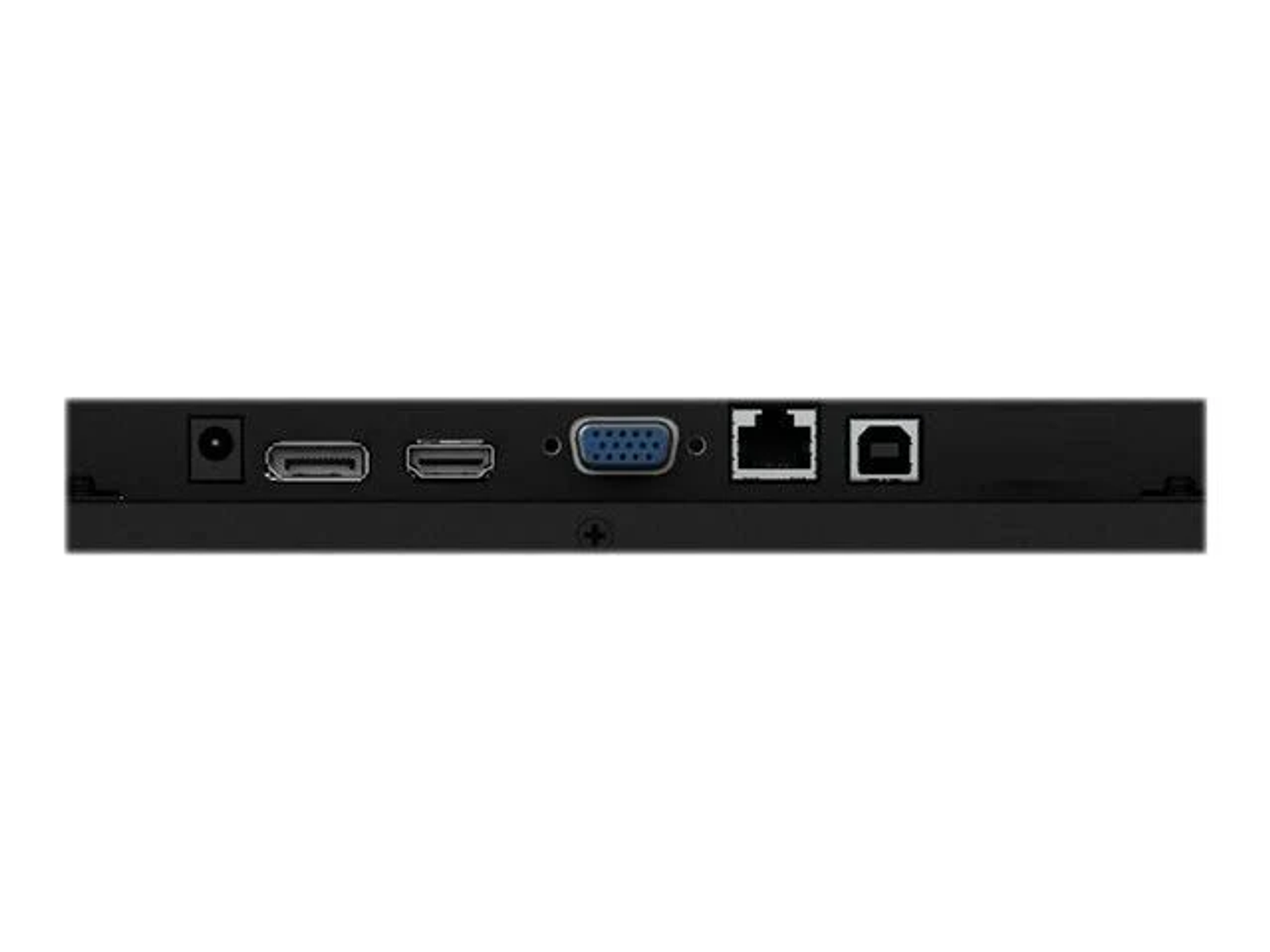 Primer plano de los puertos de un monitor negro, incluyendo HDMI, USB y entrada de alimentación, en blanco.