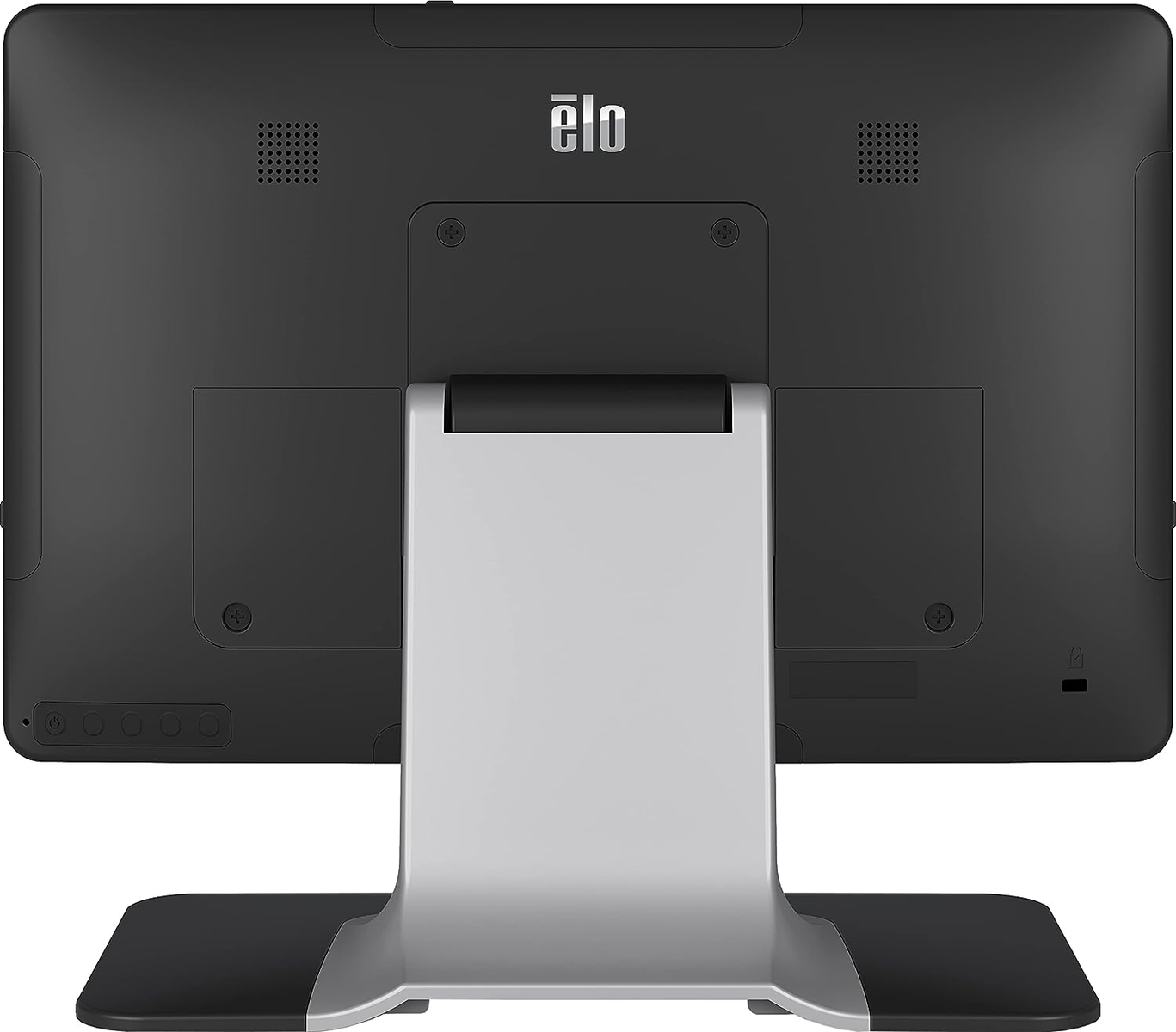 Die Rückseite eines schwarzen Computermonitors mit Elo-Logo. Er hat Lüftungsschlitze und Anschlüsse. Er steht auf einem silbernen Ständer.